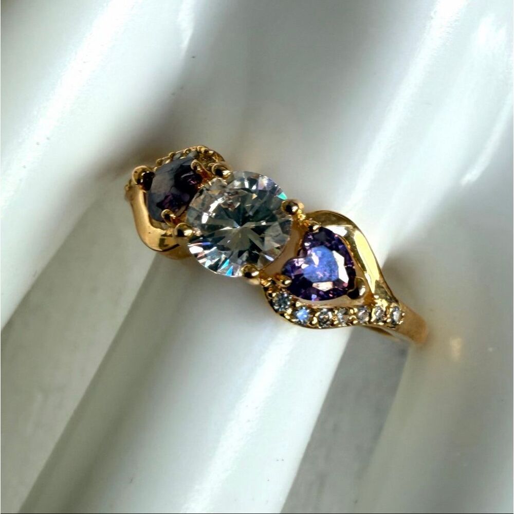 Gold Tone Cubic Zirconia Ring Heart Purple Stones